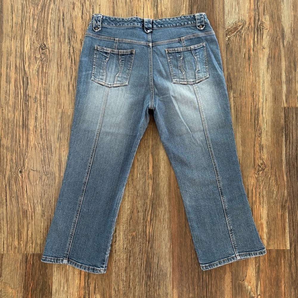 Vtg Y2K Route 66 Jean Capris Size 14 Medium Wash Blue Denim Back Seam Belt Loops